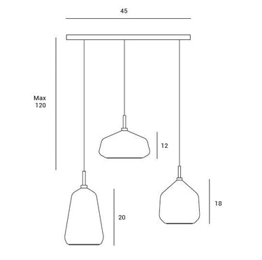 LAMPADA A SOSPENSIONE A 3 LUCI 1 VETRO FUME' - 1 VETRO MIELE - 1 VETRO CIELO